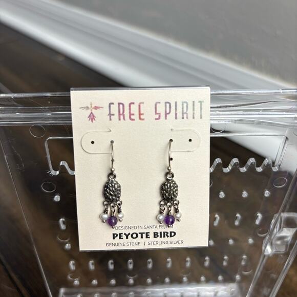 NWT Free Spirit Peyote Bird Sterling Silver Earrings w/ Purple & White Beads - Picture 1 of 3